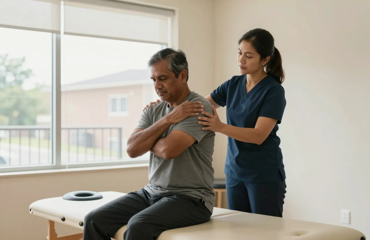 Physiotherapist guiding a patient through a shoulder mobility exercise