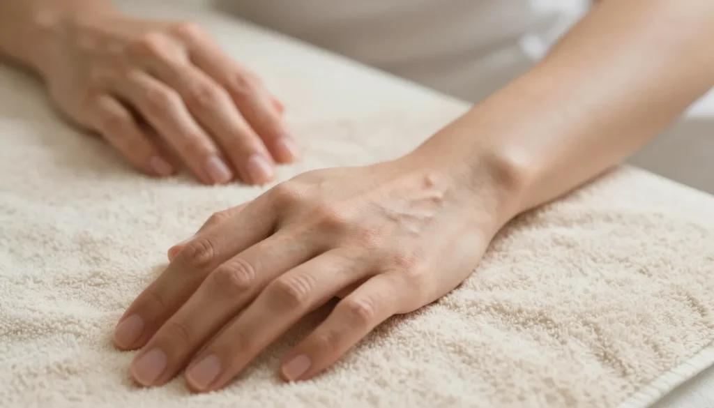 A forearm resting on a soft towel, illustrating swelling and heaviness