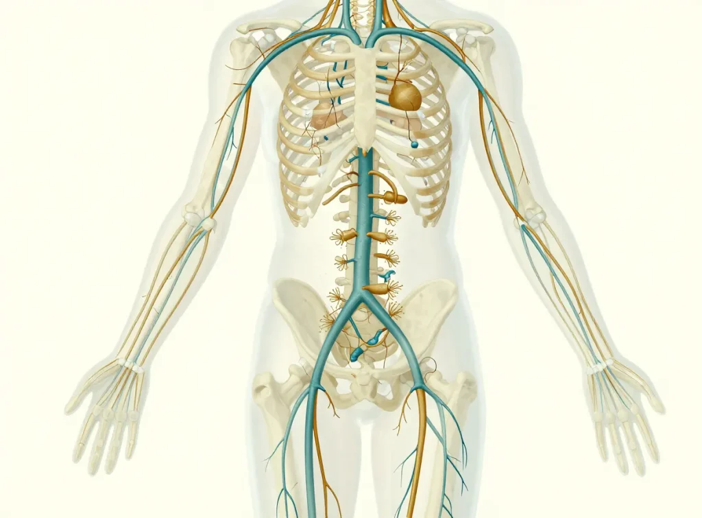 Illustration of the human lymphatic system showing lymph vessels and nodes