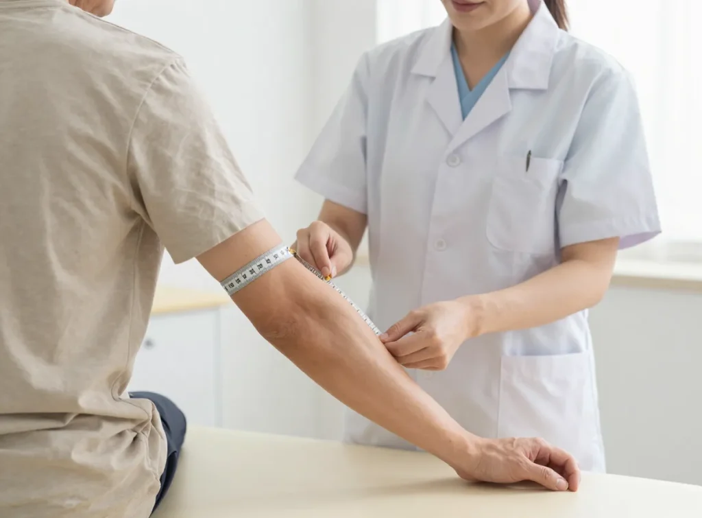 A physiotherapist measuring a patient's arm circumference during an assessment