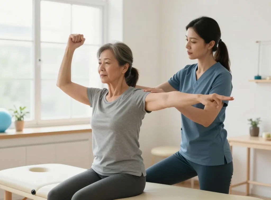A woman doing gentle arm mobility exercises with a physiotherapist
