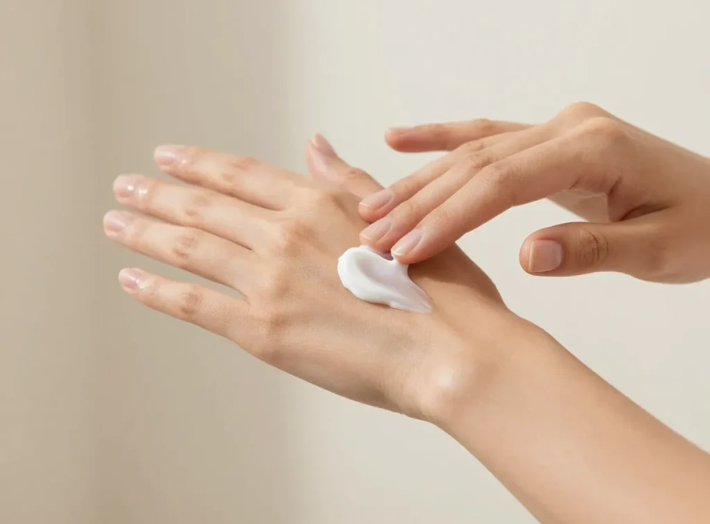 Close-up of moisturising cream being applied to the forearm and hand