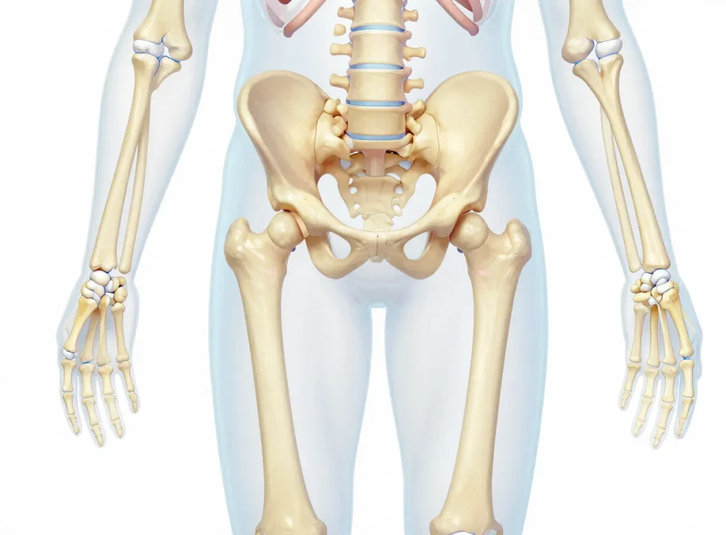 Illustration showing the knees, hips, hands and spine highlighted as joints commonly affected by osteoarthritis