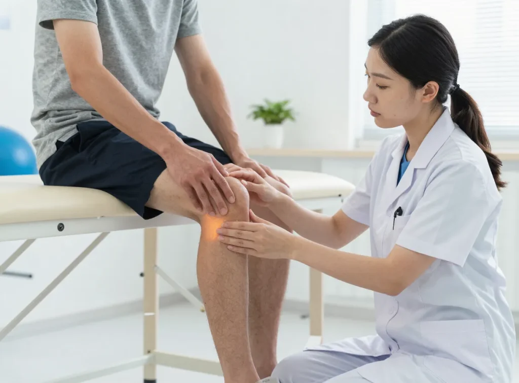 A physiotherapist assessing a patient's knee range of motion in a bright clinic room