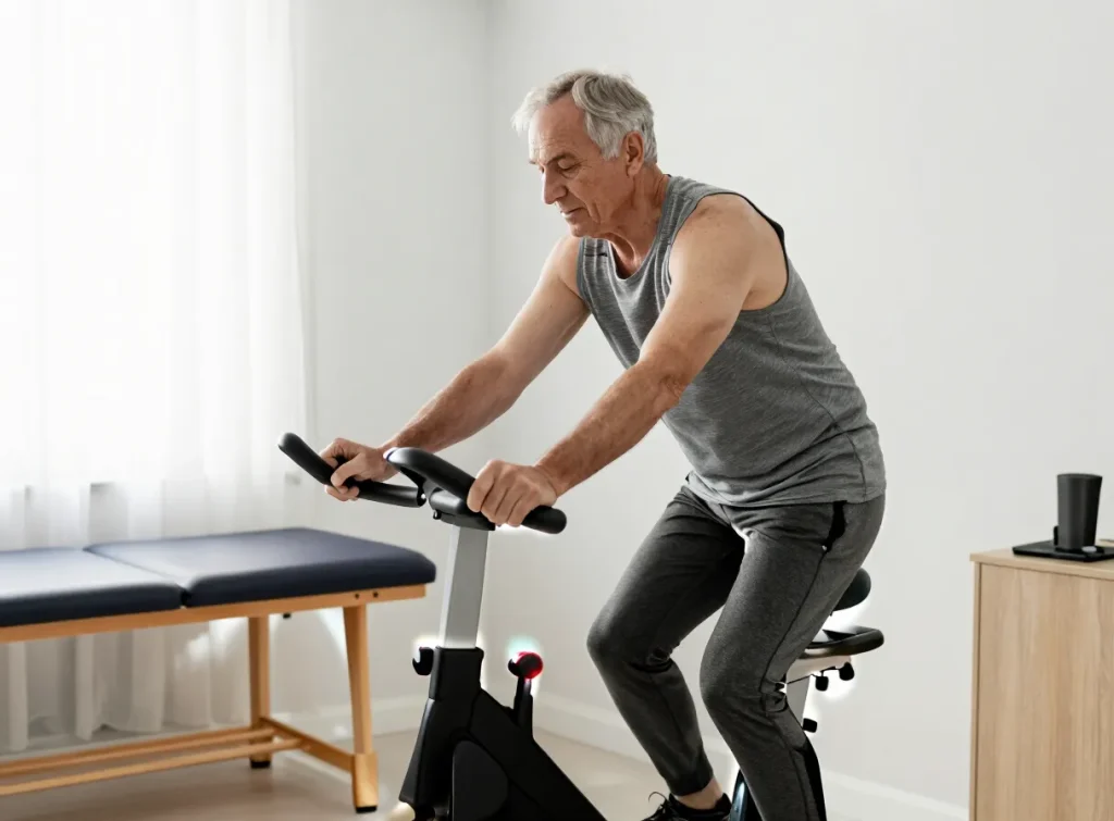 An older adult doing gentle low-impact exercise on a stationary bike in a bright physiotherapy clinic