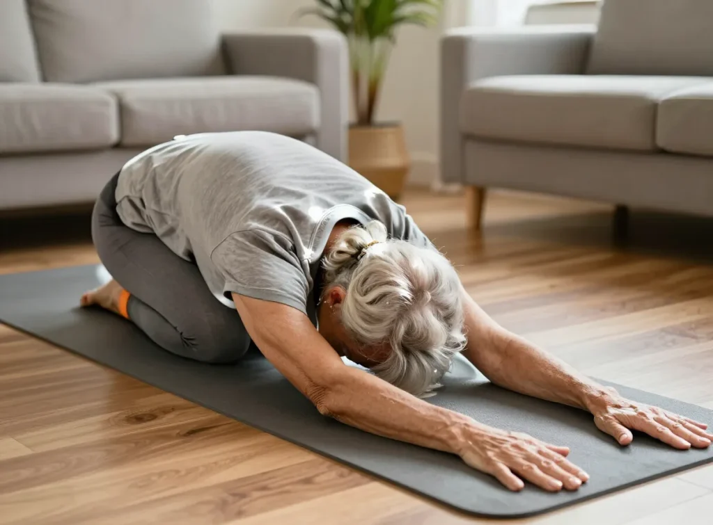 An older adult doing gentle stretching and mobility exercises on a yoga mat at home