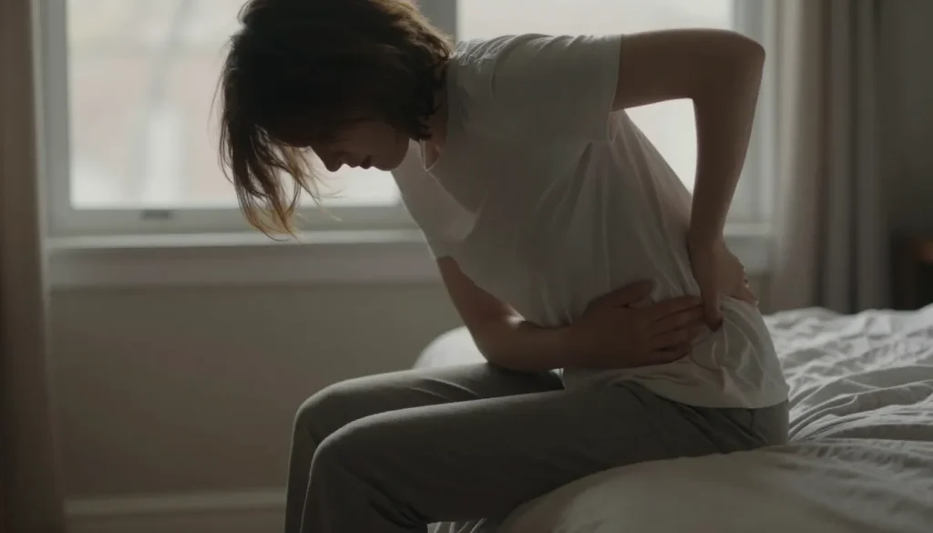 A person sitting on the edge of a bed, holding their lower back in discomfort