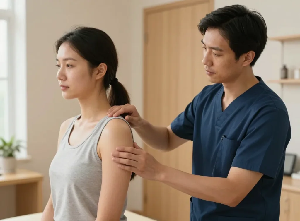 A physiotherapist assessing a patient's shoulder movement in a clinic