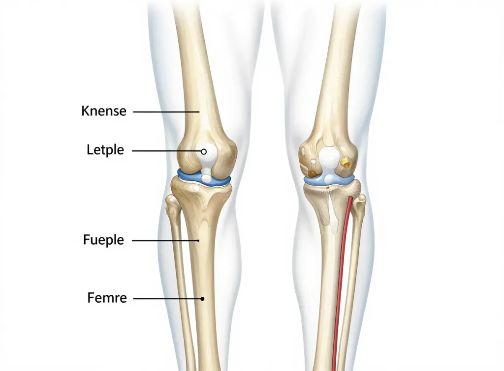 Anatomical diagram of the knee showing the patella (kneecap), femur, tibia, cartilage and ligaments