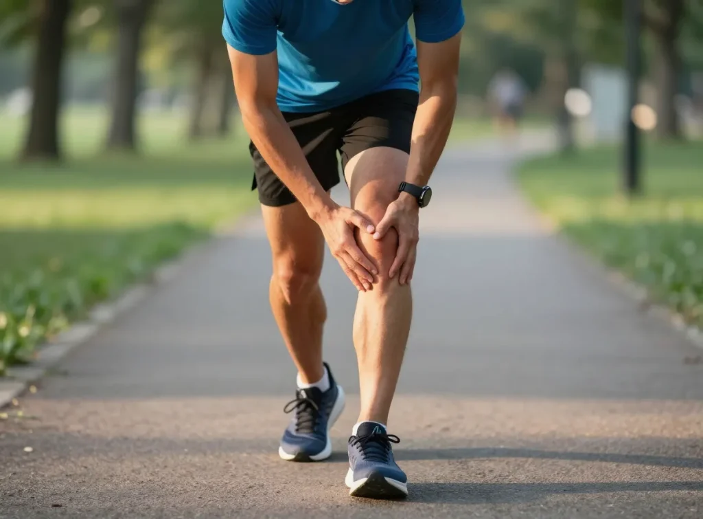 A runner on a park path slowing to a walk and touching their knee after increasing training