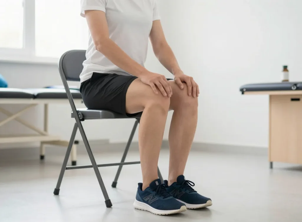 A person doing a controlled sit-to-stand exercise from a chair in a bright physiotherapy clinic