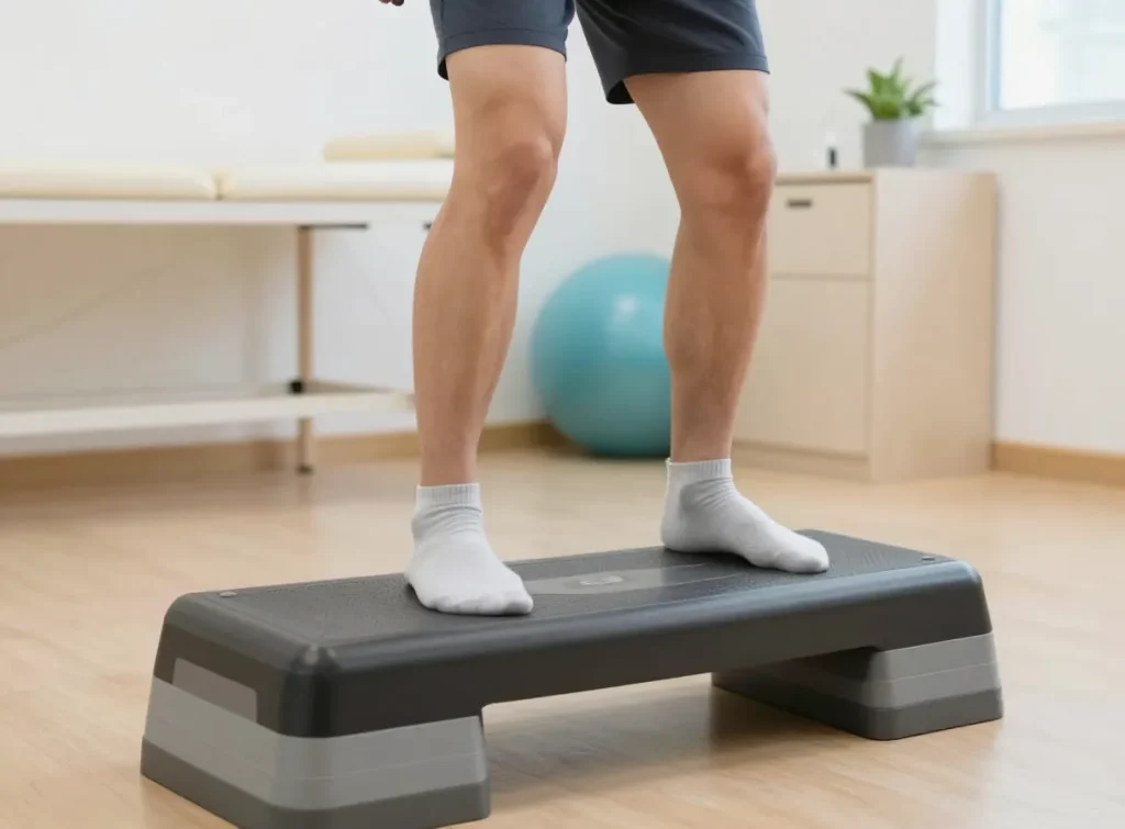 A person doing step-up exercises on a low platform in a bright physiotherapy clinic