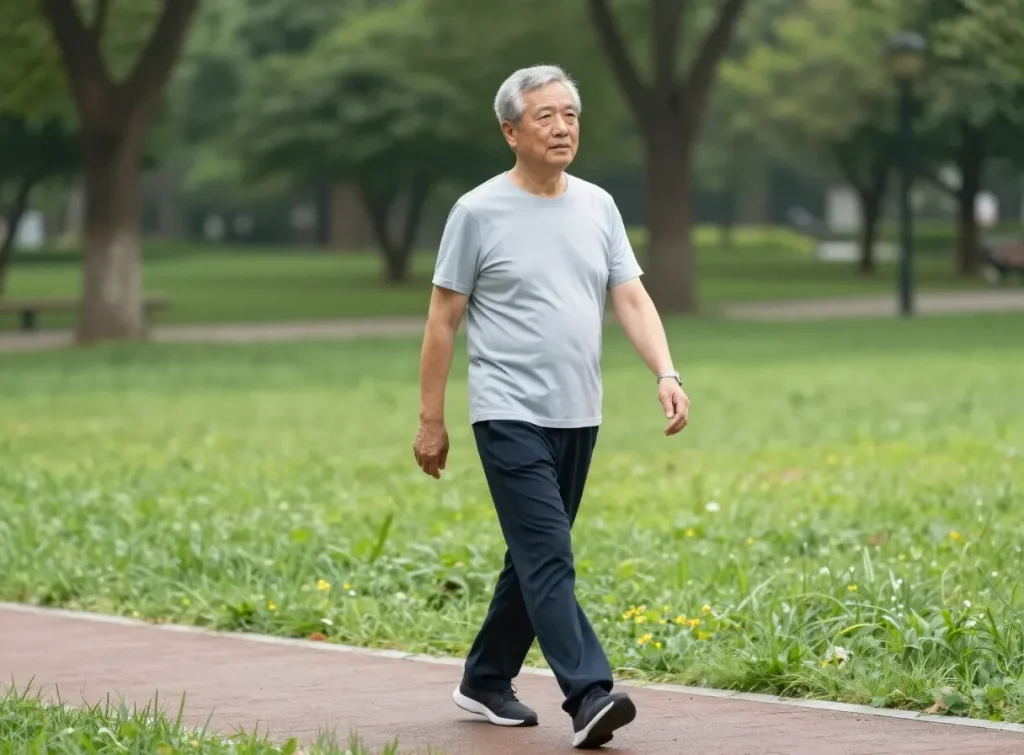 An older adult walking comfortably through a green park, representing a return to meaningful movement