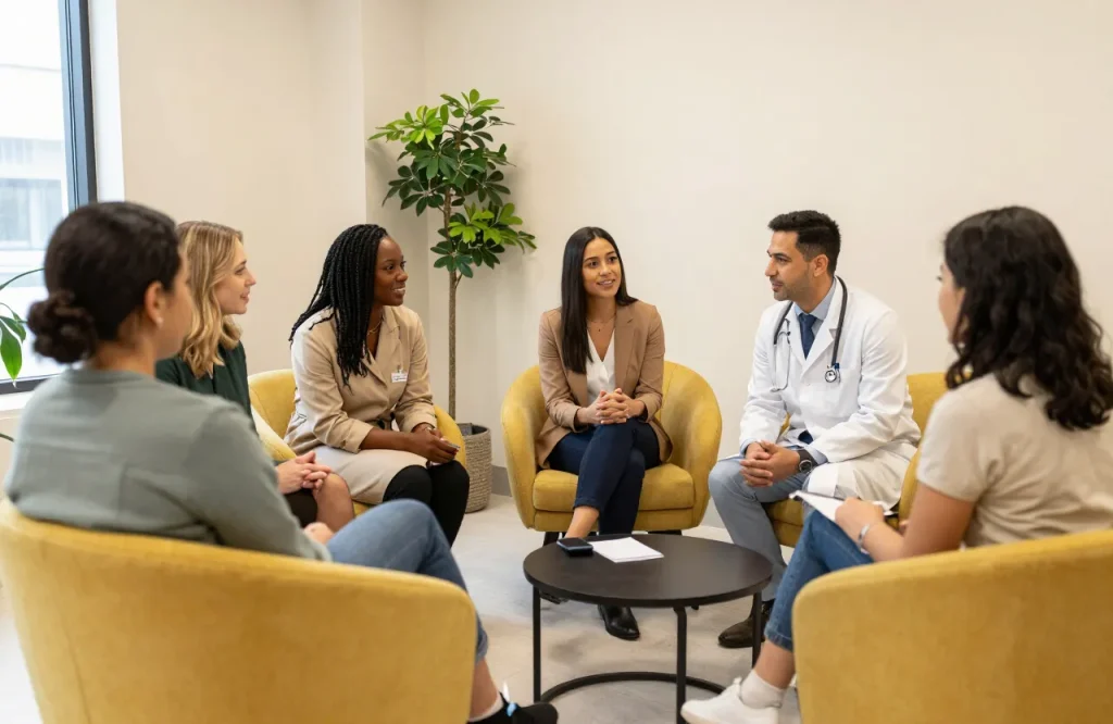 Patients and clinicians in the clinic reception area