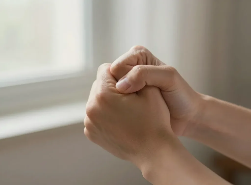 Close-up of an adult's hands trying to make a fist with visible effort and slight joint swelling