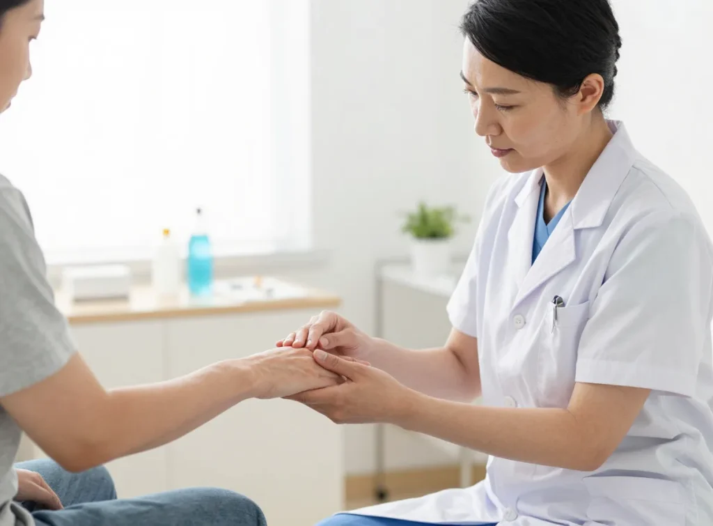 A physiotherapist assessing a patient's hand and finger joint movement in a bright clinic room