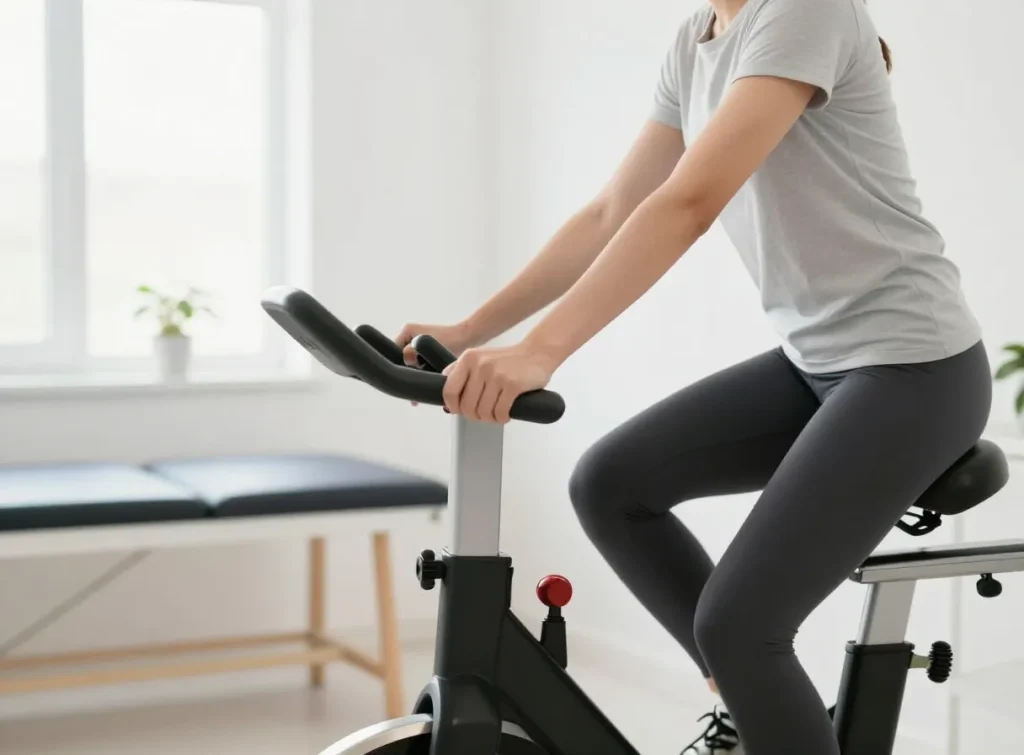 An adult doing gentle low-impact exercise on a stationary bike in a bright physiotherapy clinic