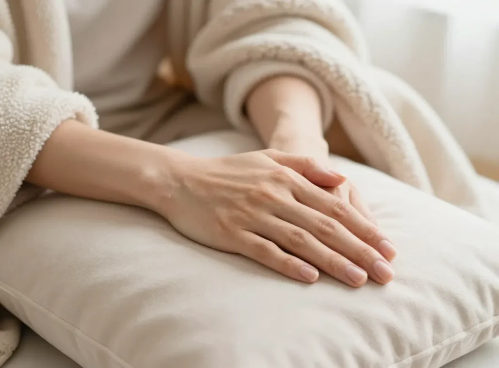 A person resting comfortably with hands on a soft cushion and a warm blanket, representing managing a flare-up