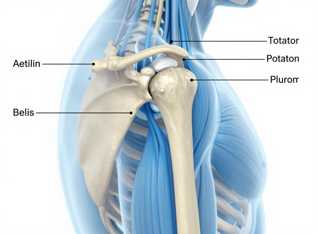 Anatomical diagram of the shoulder showing the humerus, scapula, clavicle, rotator cuff, joint capsule, ligaments and bursae