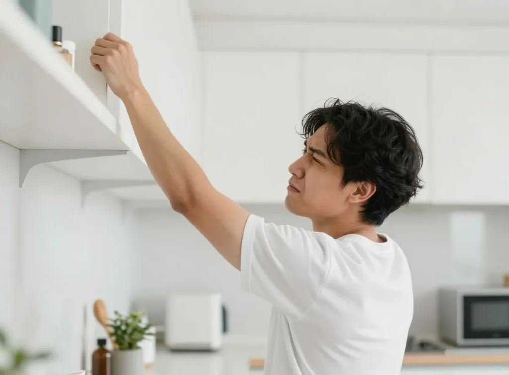 A person reaching up to a high kitchen shelf with visible shoulder discomfort