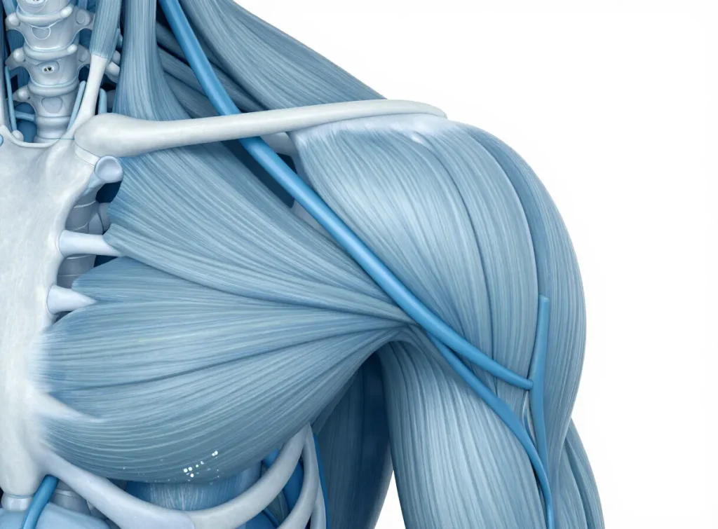 Anatomical illustration of the rotator cuff tendons: supraspinatus, infraspinatus, teres minor and subscapularis