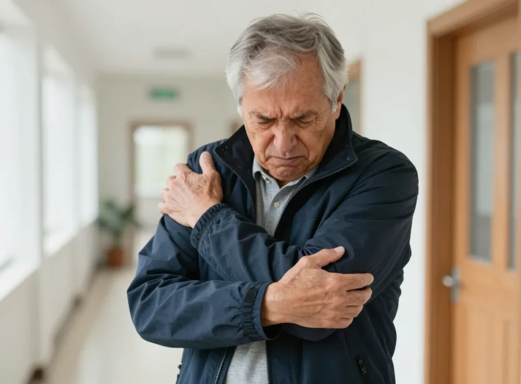 An older adult struggling to put on a jacket, wincing as they thread their arm into the sleeve