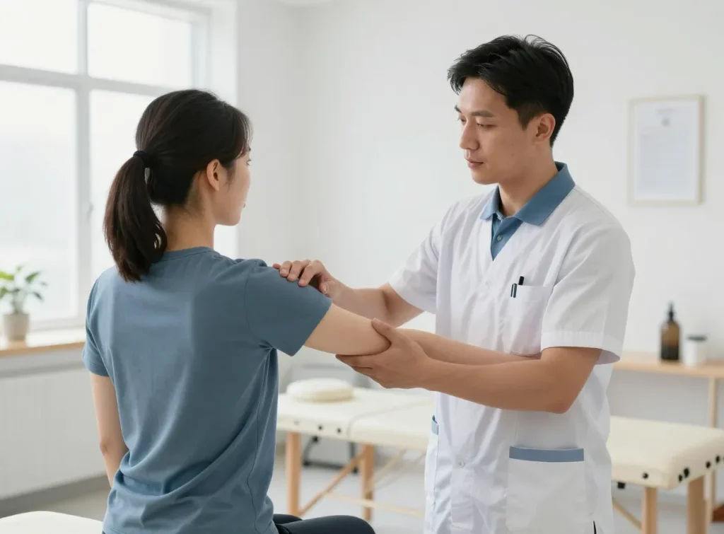 A physiotherapist assessing a patient's shoulder range of motion in a bright clinic room