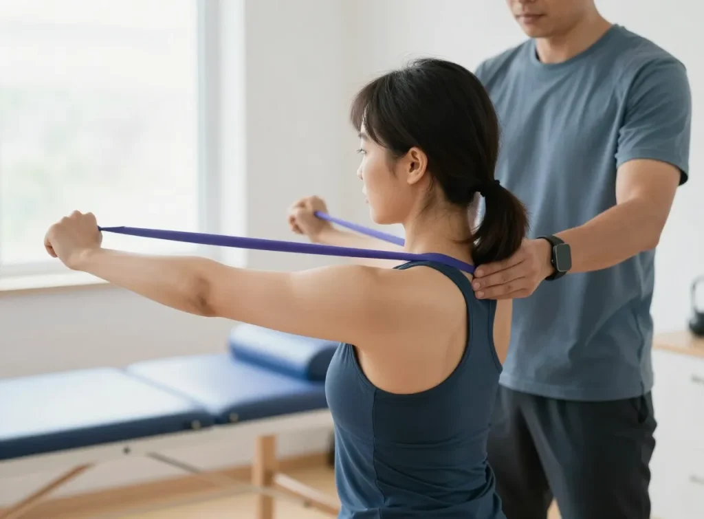 A person doing gentle resistance band shoulder strengthening exercises in a bright physiotherapy clinic