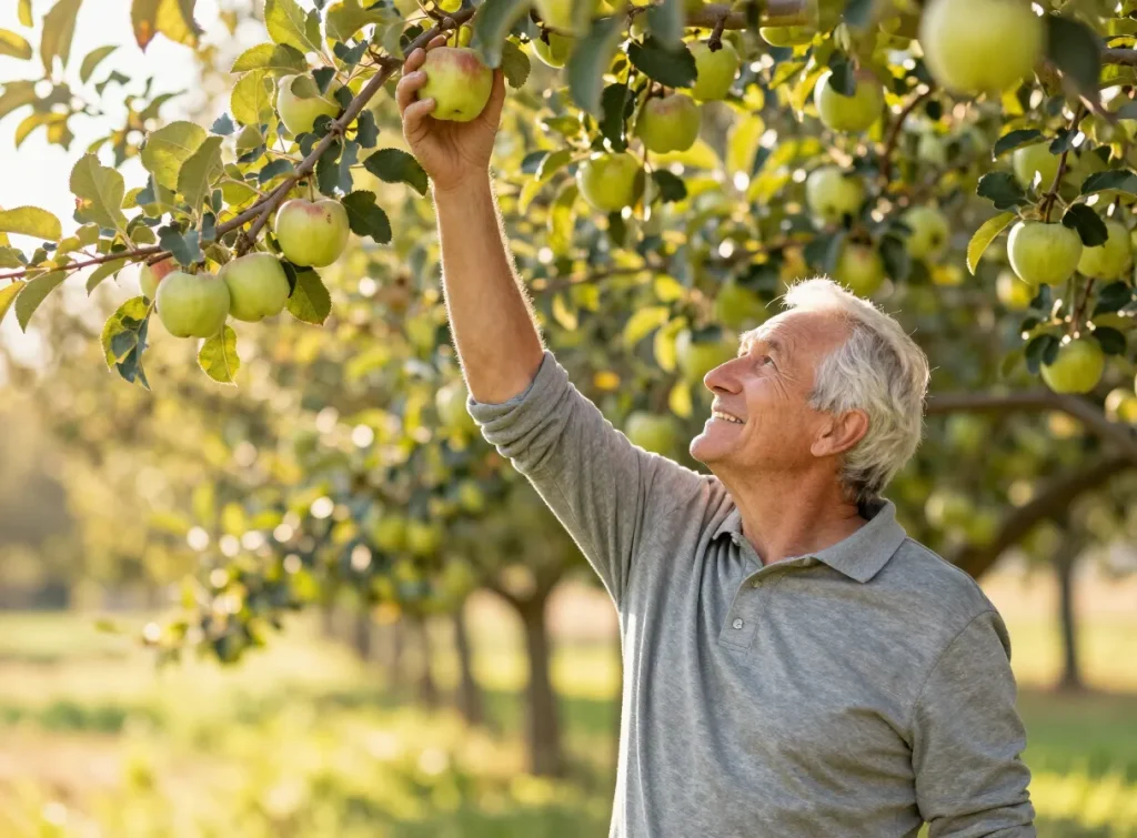 An older adult reaching overhead comfortably to pick apples from a tree in a sunny orchard